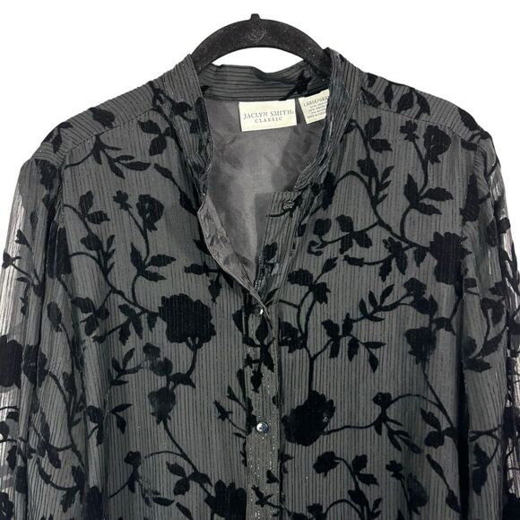 Jaclyn Smith Classic Womens Black Silk Velvet Burnout Floral Button Top Size L - Picture 3 of 7